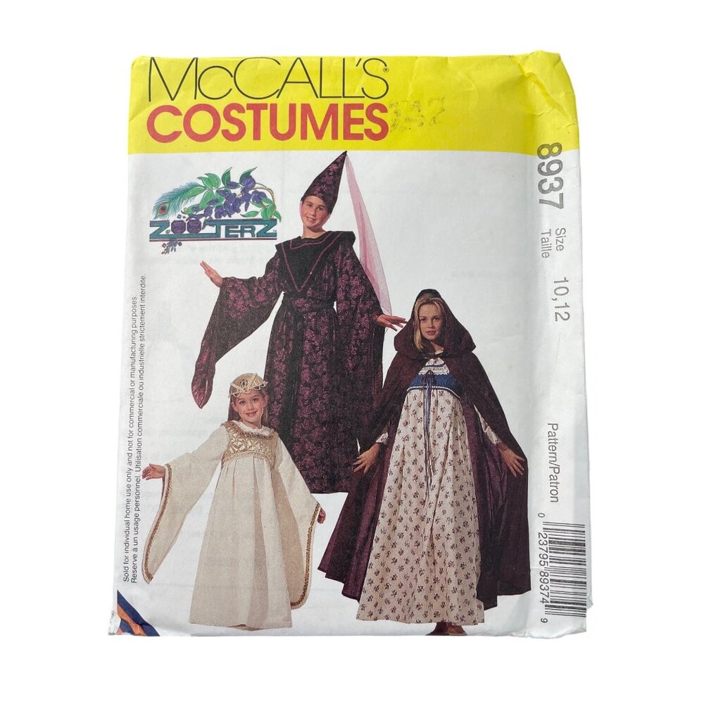 90s McCalls 8937 Costume Pattern Size 10 12 Girls Medieval Gown Cloak Hat UNCUT